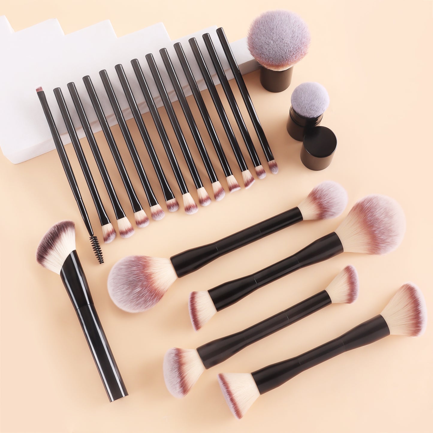 20-Piece + 2 Sponge + Storage Pouch Set Dual-Ended Multi-Function Brushes Perfectly Suited for Liquid Foundations, Concealers, and Loose Powder Blending