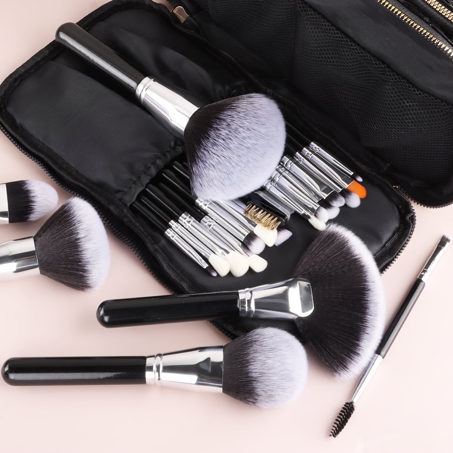 Black Silver Wood Handle Makeup Brush Set - Core Foundation Blush Eyeshadow Kit - Essential Professional Makeup Tools