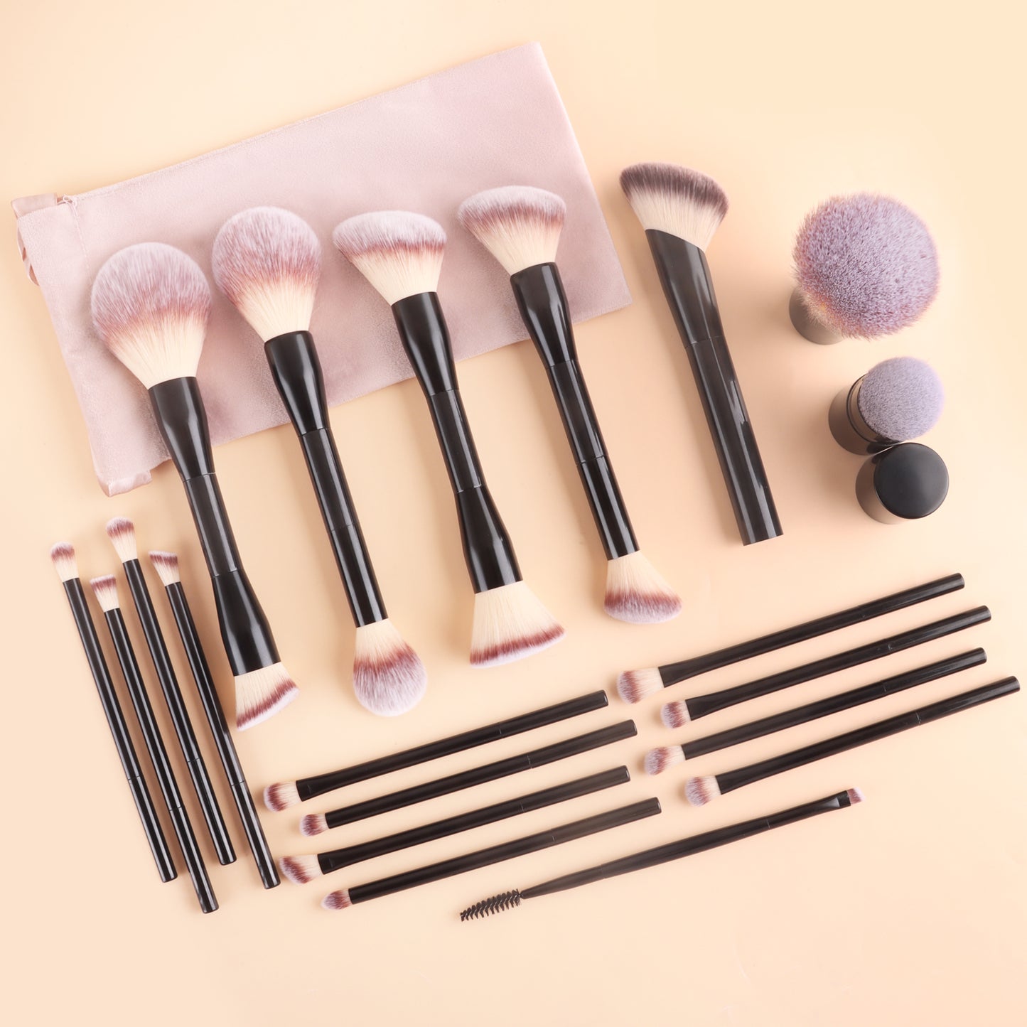 20-Piece + 2 Sponge + Storage Pouch Set Dual-Ended Multi-Function Brushes Perfectly Suited for Liquid Foundations, Concealers, and Loose Powder Blending