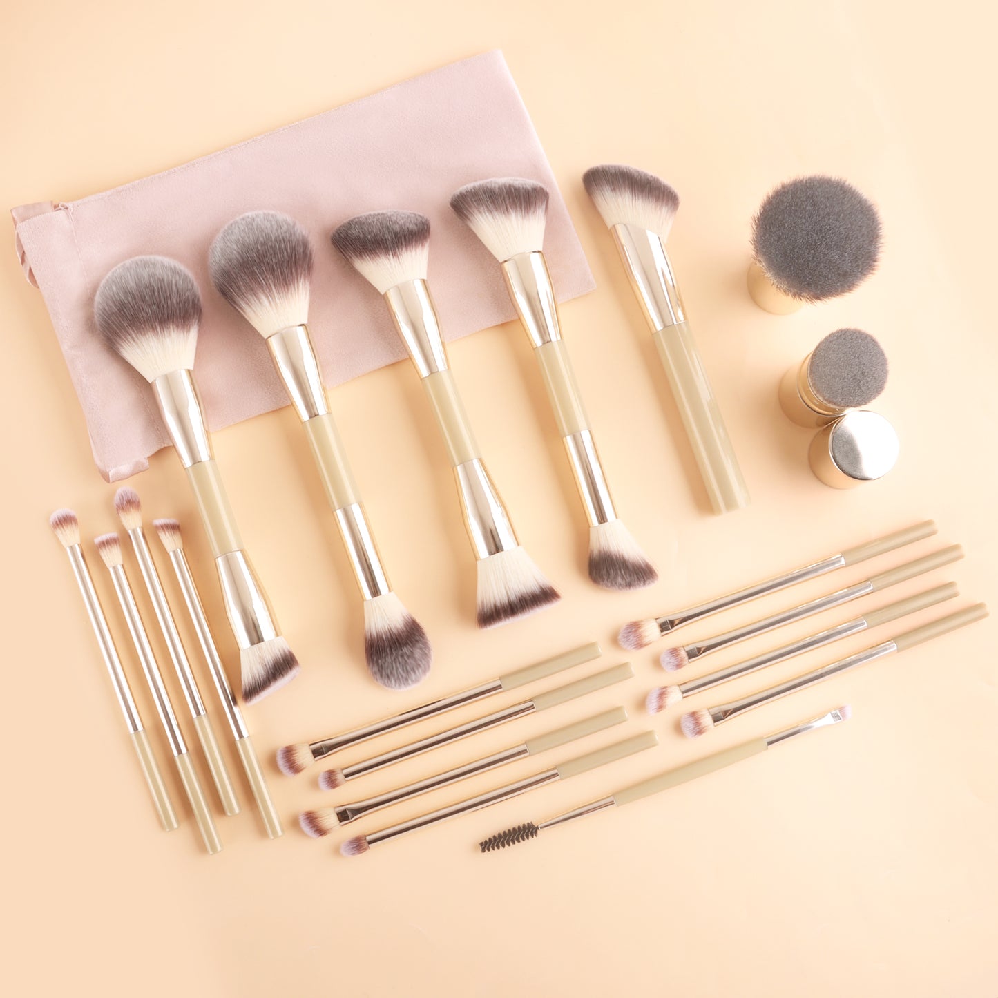 20-Piece + 2 Sponge + Storage Pouch Set Dual-Ended Multi-Function Brushes Perfectly Suited for Liquid Foundations, Concealers, and Loose Powder Blending