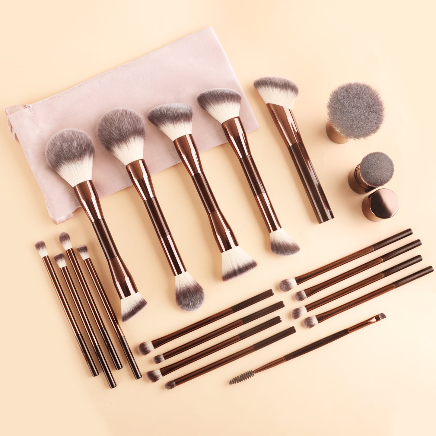 20-Piece + 2 Sponge + Storage Pouch Set Dual-Ended Multi-Function Brushes Perfectly Suited for Liquid Foundations, Concealers, and Loose Powder Blending