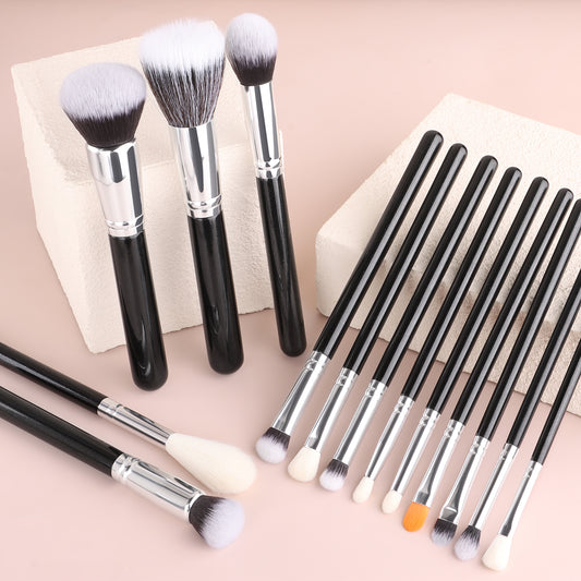 Black Silver Wood Handle Makeup Brush Set - Core Foundation Blush Eyeshadow Kit - Essential Professional Makeup Tools