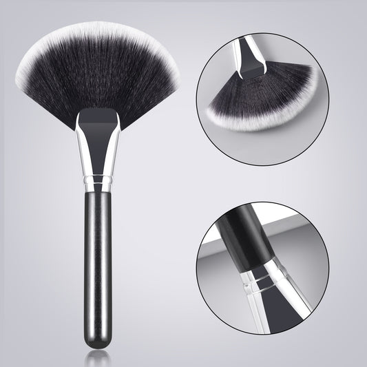 RONSHADOW Large Fan-Shaped Loose Powder & Powder Brush ｜High-quality wood handle + aluminium ring - Soft nylon bristles - Matte finish - Setting brush