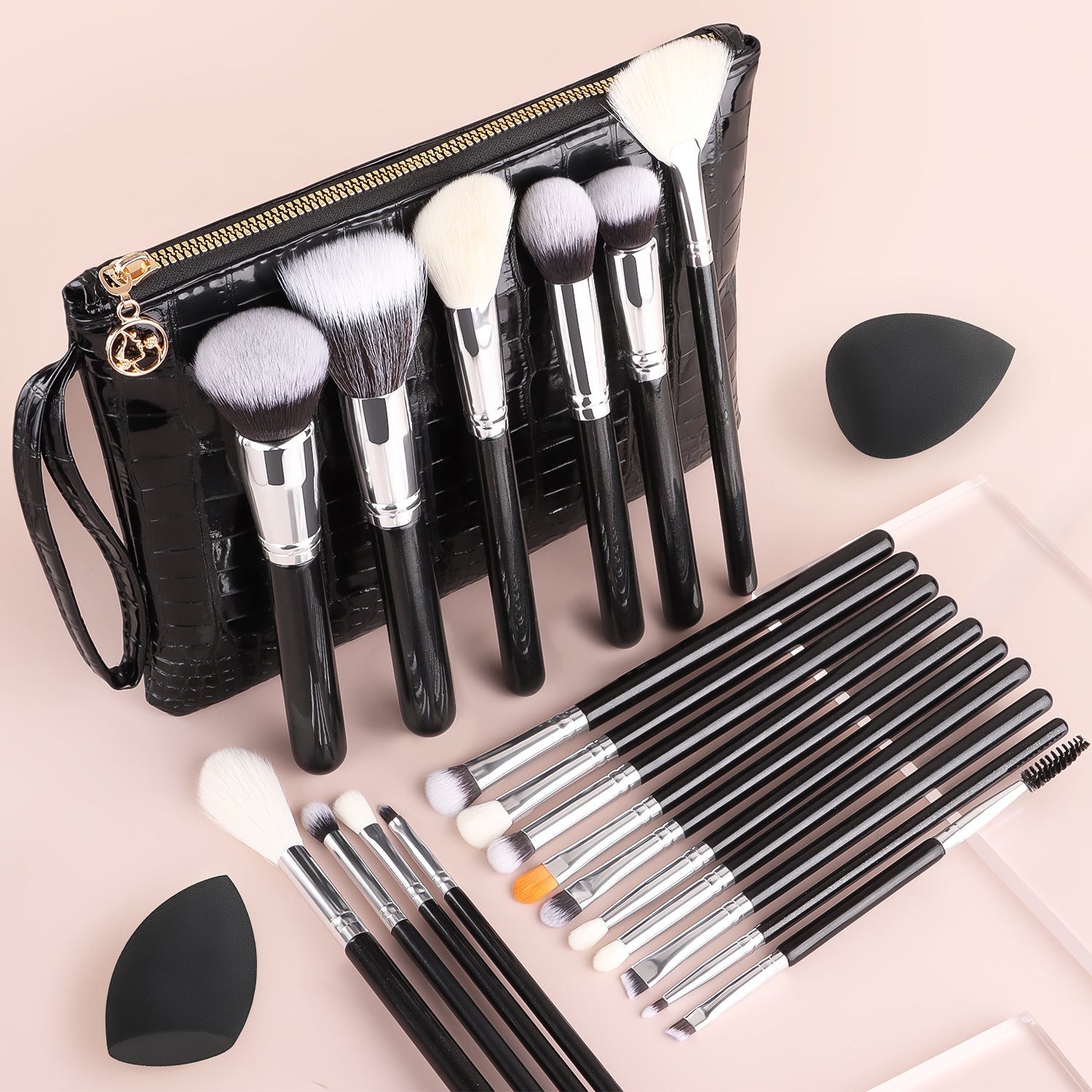 Black Silver Wood Handle Makeup Brush Set - Core Foundation Blush