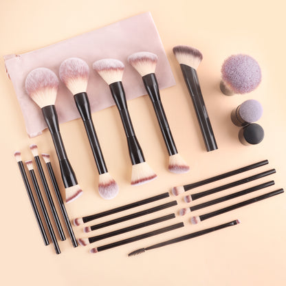 20-Piece + 2 Sponge + Storage Pouch Set Dual-Ended Multi-Function Brushes Perfectly Suited for Liquid Foundations, Concealers, and Loose Powder Blending