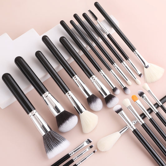 Black Silver Wood Handle Makeup Brush Set - Core Foundation Blush Eyeshadow Kit - Essential Professional Makeup Tools